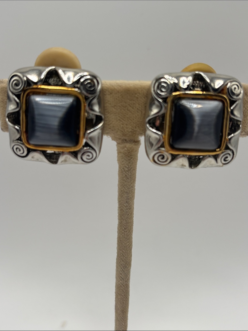 Silver Tone Square Black Gray Stone Clip Earrings